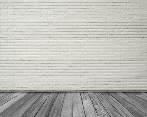Abstract Black and White image of Empty space studio room of white brick wall and wooden floor.