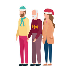 cute grandfather with young couple using christmas hat