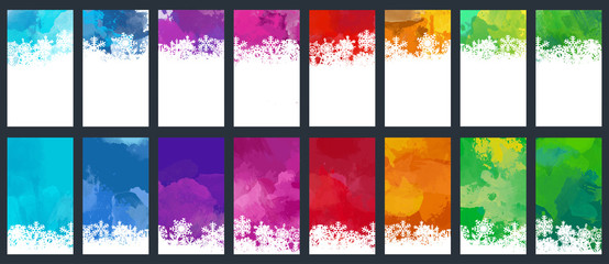 Christmas and New Year colorful watercolor background set with snowflakes