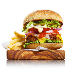 Tasty burger with potato fries, isolated on white background