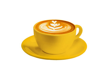 coffee latte in yellow cup isolated on white background with clipping path