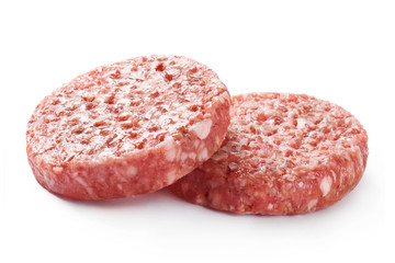 Two pieces of raw minced beef meat (for burgers), isolated on white background