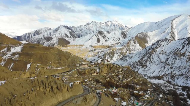 Aerial view of Lamayuru Gompa (monastery) in winter. It belongs to the Drikung Kagyu school of Tibetan Buddhism. Lamyauru is located in Ladakh on the Srinagar - Leh highway in an altitude of 3.510 m.