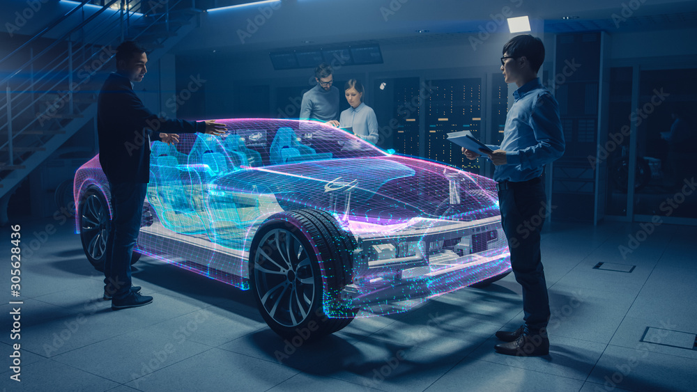 Aufkleber Group of Automobile Design Engineers Working on Augmented Reality 3D Model Prototype of Electric Car Chassis. Automotive Innovation Facility: 3D Concept Vehicle Frame Generated with 3D CAD Software.