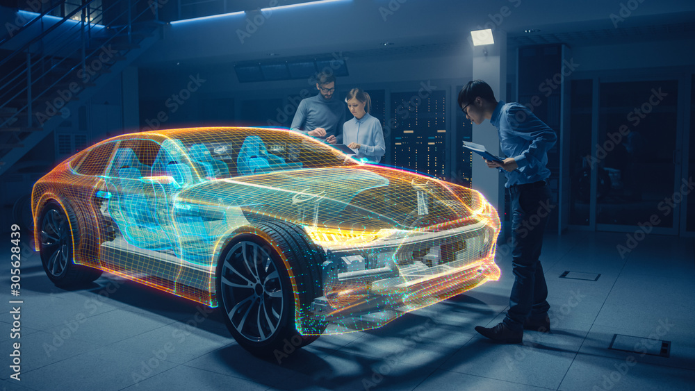 Poster Group of Automobile Design Engineers Working in Virtual Reality 3D Model Prototype of Electric Car Chassis. Automotive Innovation Facility: 3D Concept Vehicle Generated with 3D CAD Software.
