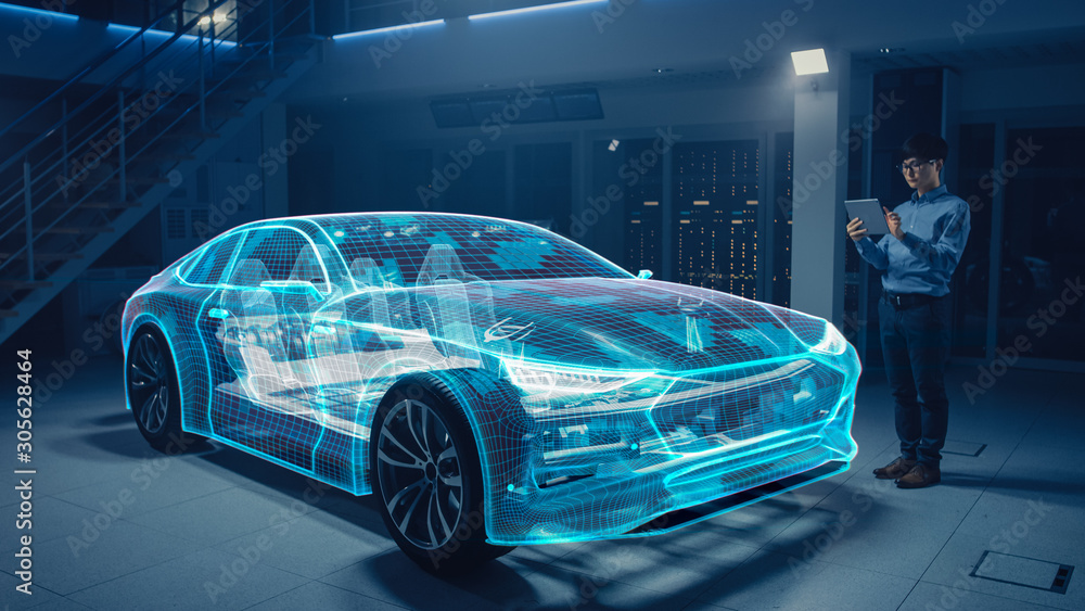 Poster Automotive Engineer Working on Electric Car Chassis Platform, Using Tablet Computer with Augmented Reality 3D Software. Futuristic Atomative Facility: Virtual Design with Mixed Technology Application.