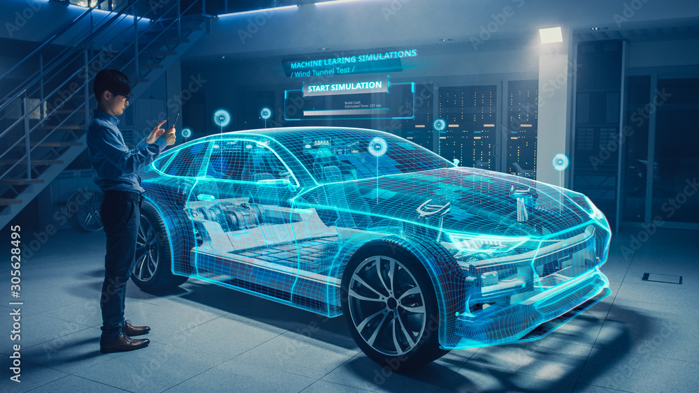Poster Automotive Engineer Uses Digital Tablet with Augmented Reality for Car Design Analysis and Improvement. 3D Graphics Visualization Shows Fully Developed Vehicle Prototype Analysed and Optimized