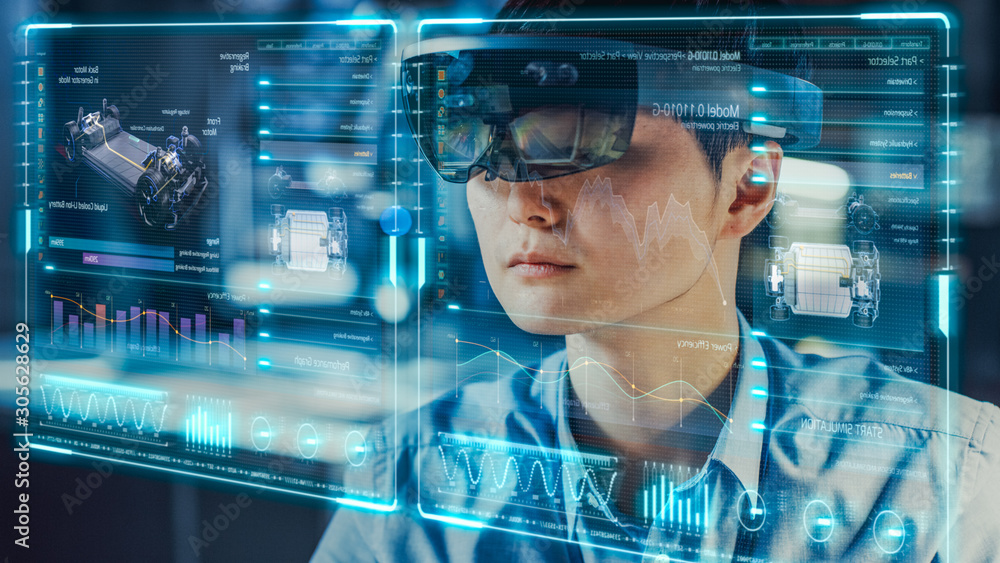 Poster industrial factory chief engineer wearing ar headset designs a prototype of an electric car chassis 