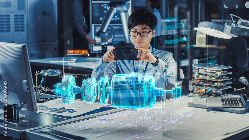 Poster Industrial Engineer Works with Smartphone Using Augmented Reality Holographic Projection 3D Model of the Electric Generator Prototype. Development of Virtual Mixed Reality Application.