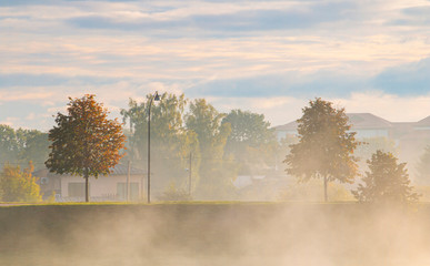 Obraz na płótnie Canvas foggy beautiful morning in the fall near the river on the boardwalk