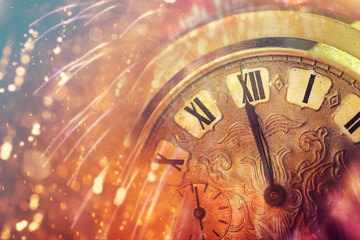 Fototapeta na wymiar Clock at New Year. Abstract holiday background.