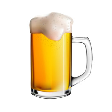 Vector realistic illustration of a beer mug. An isolated image of a beer mug. Drawing of yellow beer with white foam.
