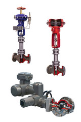three modern shut-off valves with automatic control for gas pipeline isolated on a white background. Transverse section