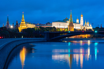Moscow. Russia. The evening Kremlin. Grand Kremlin Palace. Red Square. Moscow river at night. Traveling around Moscow. Tourism in Russia. Night promenade. Bridges of capital. Attractions of Russia.