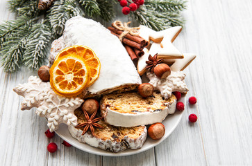 Christmas stollen on wooden background