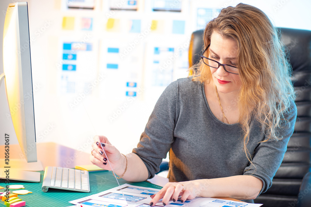 Poster girl - designer creates an application. thesis of a ux designer. concept - work on design. mobile so