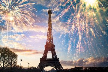 Colorful fireworks in Paris, Eiffel tower.