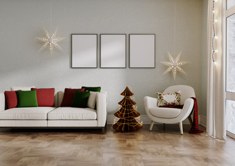 Modern Christmas interior with Mock up Posters, Scandinavian style on white background. 3D illustration
