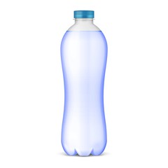 Mockup Plastic Clean Bottle Full, Filled With Blue Cap. Soft Drink. Disposaple. Mock Up Template. Illustration Isolated On White Background. Ready For Your Design. Product Packaging. Vector EPS10