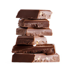Stack of delicious dark chocolate bars, isolated on white background