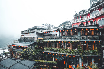Beautiful view of hillside tea houses in Jiufen Taiwan. Jiufen is a mountain area in Ruifang District, New Taipei city.