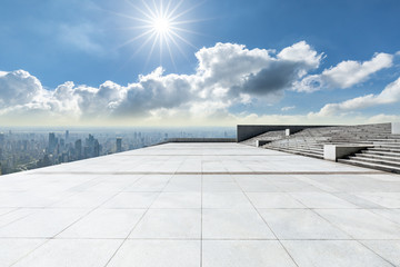 Fototapeta premium Empty floor and city skyline with beautiful clouds scenery in Shanghai.high angle view.
