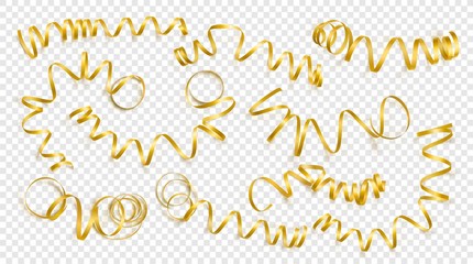 Set of realistic gold ribbons on transparency background. Vector illustration. Can be used for greeting card, holidays, banners, gifts and etc.