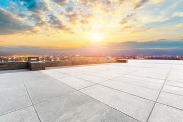 Empty floor and city skyline with beautiful clouds scenery in Shanghai at sunset.high angle view.