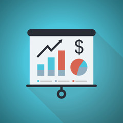 Business presentation icon. Flip chart with growing graph, diagram. Whiteboard isolated on background.