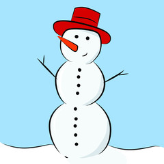 Snowman made of snow with hands made of branches in a hat. Cheerful snowman with a carrot nose.