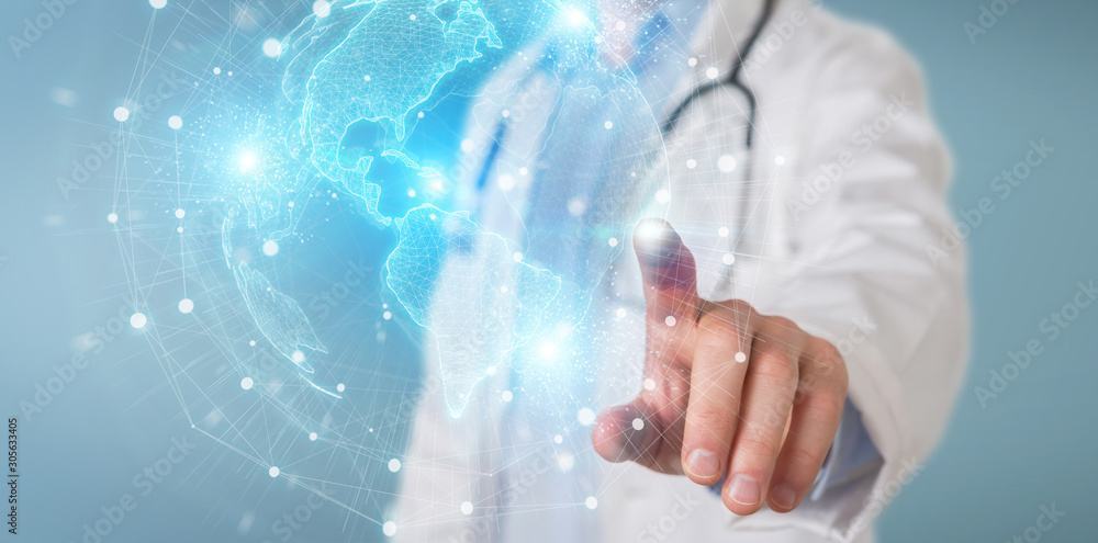 Poster doctor using america usa map globe network hologram 3d rendering