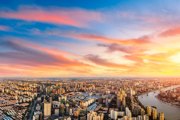 Fototapeta premium Aerial view of Shanghai skyline at sunset,China.