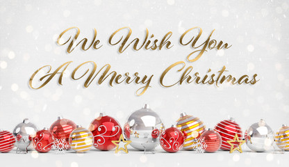 Fototapeta na wymiar Christmas card greetings with red and white christmas baubles 3D rendering