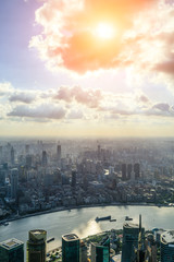 Aerial view of Shanghai skyline at sunset,China.