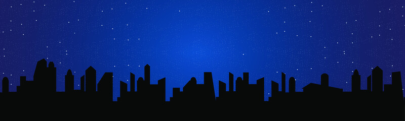 Silhouette of the night city. Black color. Starry sky. Vector