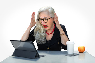 Business person panicked and having an anxiety attack, stressed at work on computer for possible taxes deadline or identity theft on white background