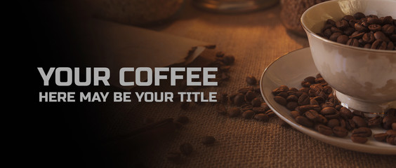 cup with coffee grains on a retro surface with an example text header