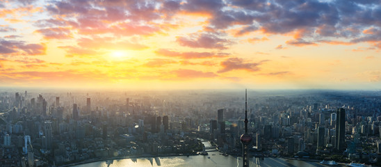 Aerial panoramic view of Shanghai skyline at sunset,China.