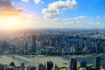 Aerial view of Shanghai skyline at sunset,China.