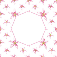 Polygonal frame of delicate pink watercolor flowers. Use for invitations, menus, birthdays