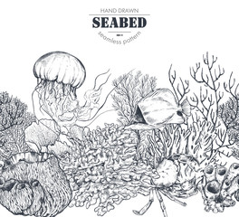 Vector monochrome seamless coral reef pattern with tropical fish, crab, jellyfish © natality