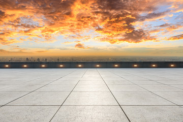 Empty floor and city skyline with beautiful clouds scenery in Shanghai at sunset.high angle view.