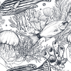 Vector monochrome seamless sea pattern with tropical fish