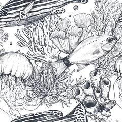 Papier peint  Animaux marins Modèle de mer transparente monochrome de vecteur avec des poissons tropicaux