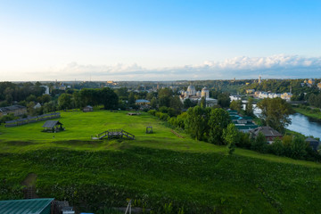 Fototapeta na wymiar Aerial view of the historic center of Torzhok and the river Tvertsa. Tver region. Russia