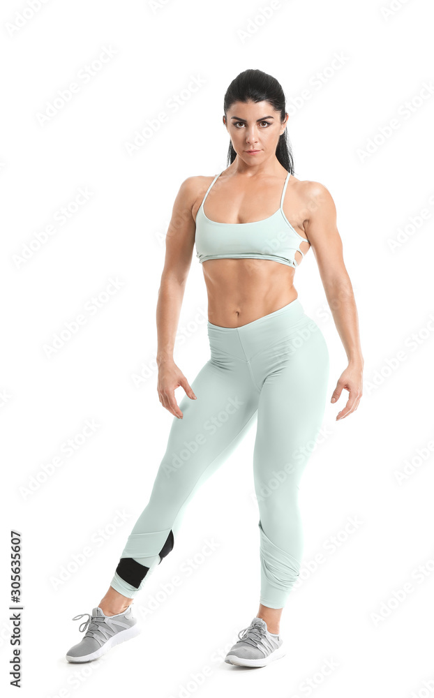 Sticker Sporty muscular woman isolated on white