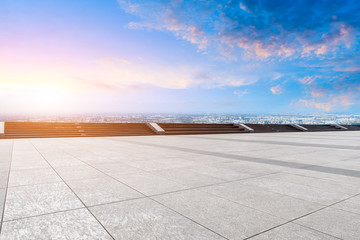 Empty floor and city skyline with beautiful clouds scenery in Shanghai at sunset.high angle view.
