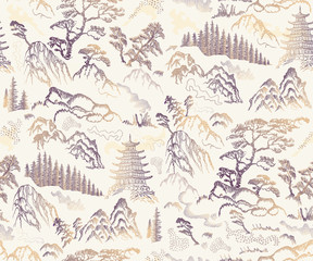 Vector naadloze patroon van hand getrokken schetsen in Japanse en Chinese natuur inkt illustratie sumi-e traditie. Getextureerde dennenboom, pagodetempel, berg, rivier, vijver, rots op een beige backgroun