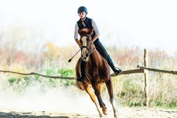 Young pretty girl riding a horse in autumn
