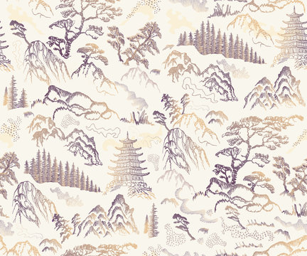 Vector seamless pattern of hand drawn sketches in Japanese and Chinese nature ink illustration sumi-e tradition. Textured fir pine tree, pagoda temple, mountain, river, pond, rock on a beige backgroun